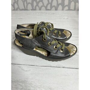 Fly London Slingback Platform Wedge Sandal  40  shoes Olive Green Lace Up